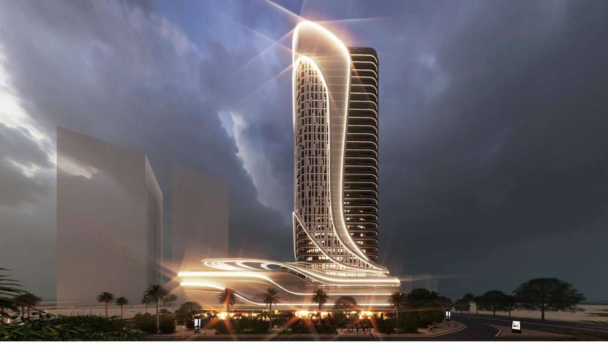 Tower with illuminated bands at sunset
