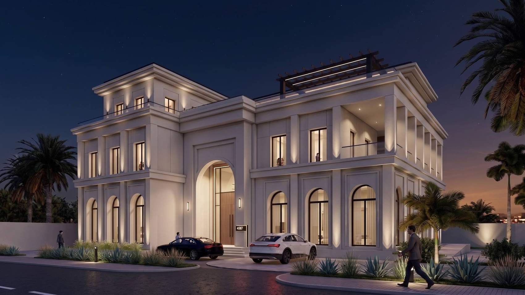 Concept sketch with front elevation, massing diagram and material palette