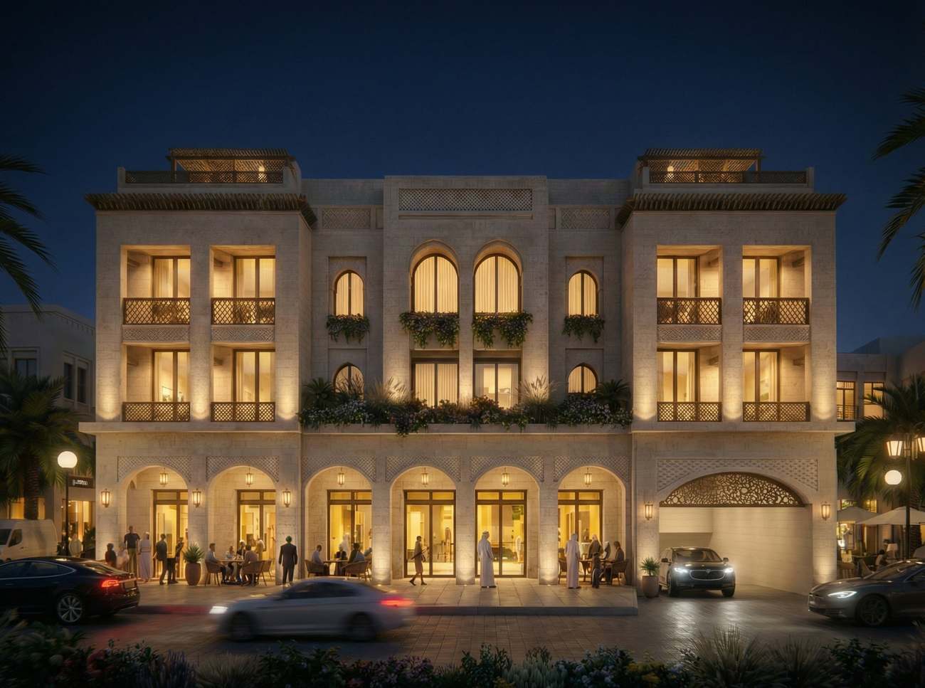 Ground floor plan with five retail units, lobby and parking