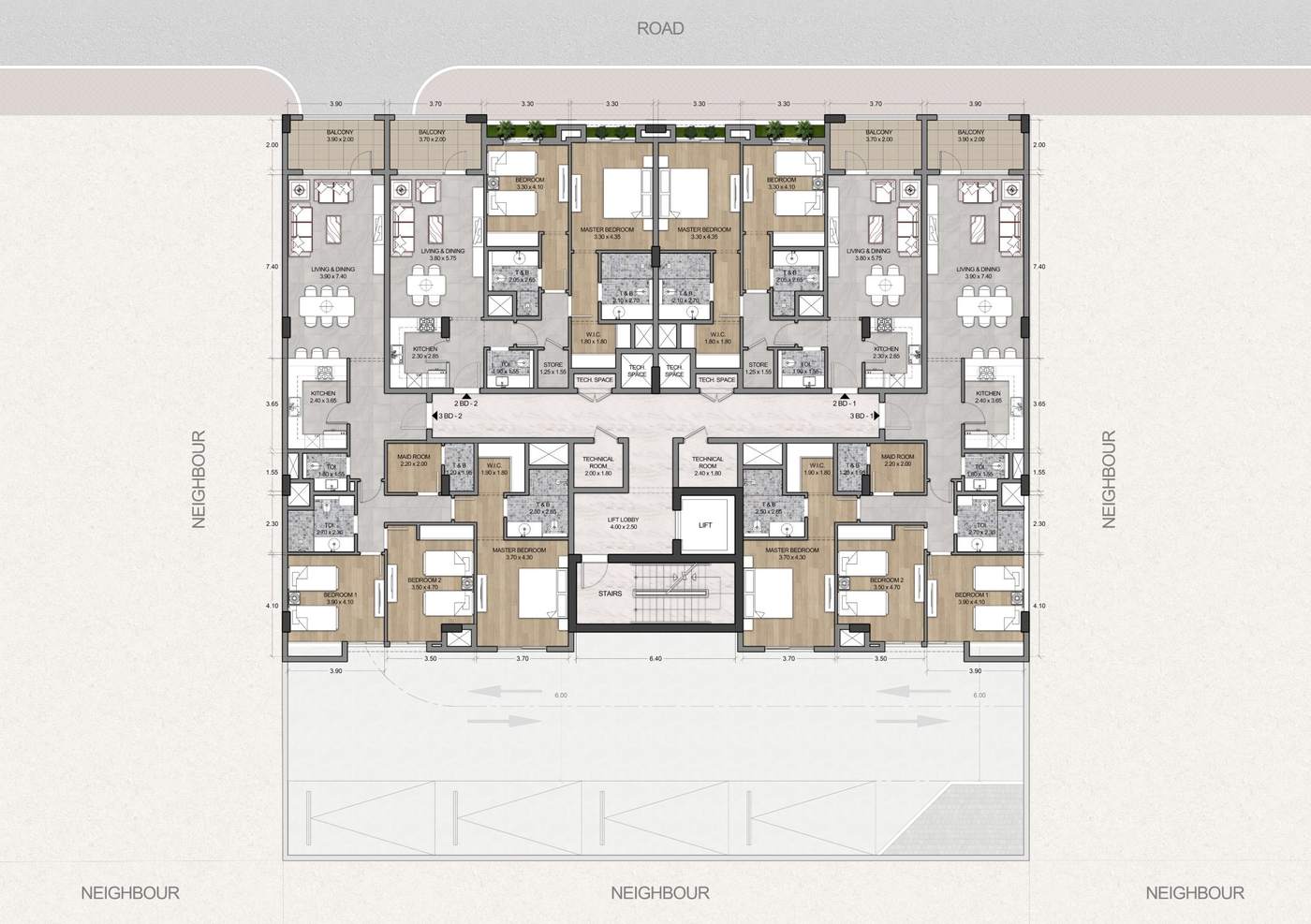 Lower roof floor plan with an apartment and terraces